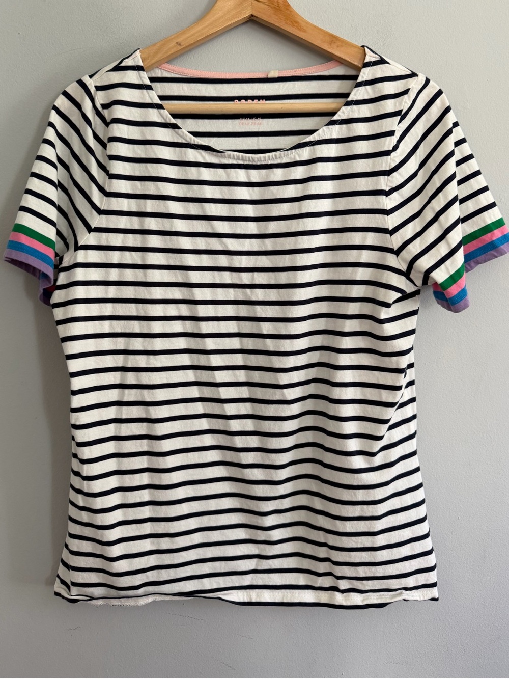 Boden Short Sleeve Breton Tee Black White & Color Stripe Sleeve Size US 12
